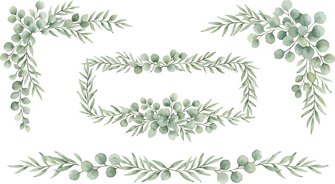 Watercolor eucalyptus foliage frames and borders set for wedding invitations and botanical stationery design vector illustration