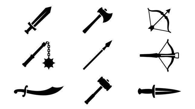 Black  White Icon Set of Medieval Weapons and Armor, Glyph Style
