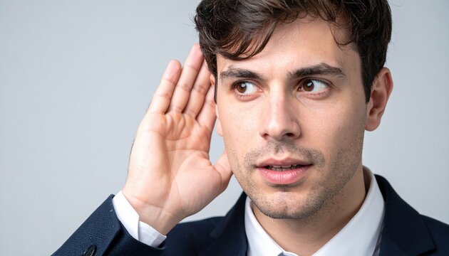 A corporate businessman holding his hand near his ear, leaning in tightly as if trying to listen to something confidential.