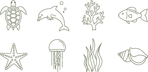 Ocean animals icon set, marine life collection, sea creatures vector icons, underwater wildlife symbols, aquatic animals © CreatAr8