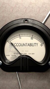 Accountability meter showing low levels of accountability. Minimum and decreasing accountability value, below the norm. Lack of accountability. None of it, insufficient.