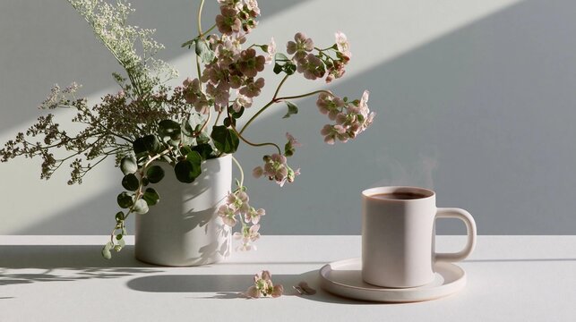 White table with a vase of pink flowers on the left side and a white mug on the right side. the mug is filled with a dark liquid, possibly coffee, and there is steam rising from it.