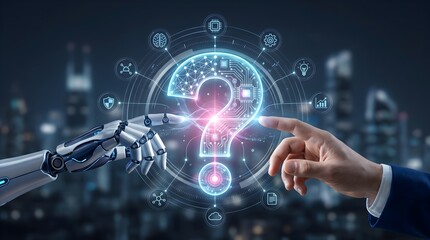 Fototapeta premium Man and Machine Interface Concept Illustrating Human and Robot Fingers Touching Glowing Center of Digital Question Mark for Tech Decision Making