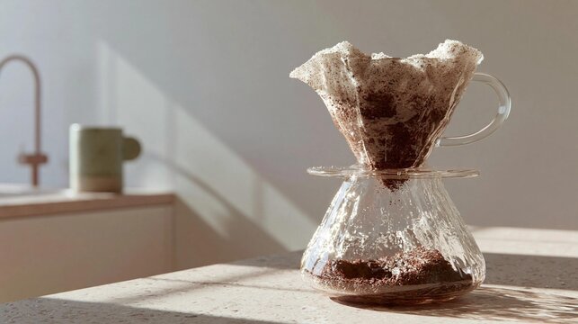 Glass coffee dripper on a kitchen countertop. the dripper is made of clear glass and has a handle on one side. it is filled with a dark brown liquid, which appears to be freshly brewed coffee.