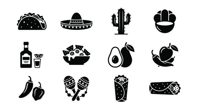 Mexican Food Icons Set: Taco, Sombrero, Cactus, Tequila, Nachos, Burrito, Chili