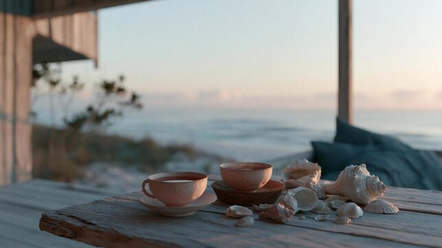 Wooden table with two cups and saucers on it. the table is located on a wooden deck overlooking the ocean. the sky is a beautiful orange and pink hue, indicating that it is either sunrise or sunset.