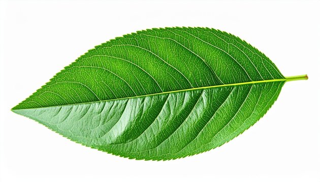 Peach leaf isolated: A single fresh green peach leaf with crisp veins and natural textures, isolated on white.