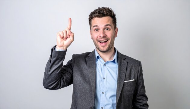 A young businessman suddenly pointing his index finger up in the air, expressing a brilliant new creative idea.