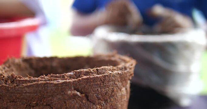 Close up of eco friendly coconut coir pot for planting