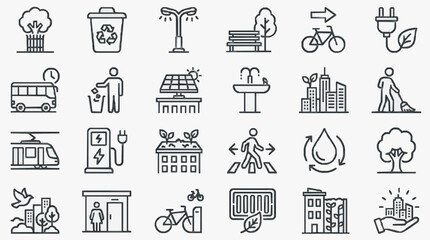 Fototapeta premium Sleek Black and White Line Icons Set Featuring Urban Sustainability Eco Friendly Living and Smart City Elements