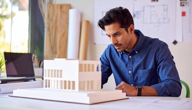A professional architect inspecting a structural 3D printed building model