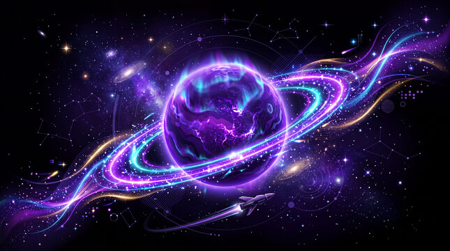 Glowing purple planet with luminous rings cosmic space