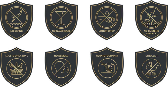 Luxury Cruise or Resort Swimming Pool Rules Golden Shield Badge Set with Forbidden Diving Glassware Running Photography and Adults Only Regulation Symbols