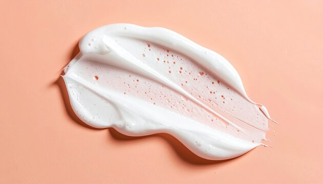 A smear of white skincare cleansing foam on a light peach background, product shot, aesthetic.
