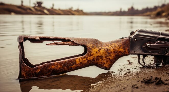 Rusted Rifle Stock Broken and Submerged in Water by Shoreline