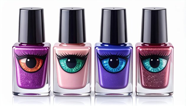 Cats eye nail polish: A macro product shot of 3D magnetic cat eye nail lacquer bottles and high-gloss sample tips, isolated on white.