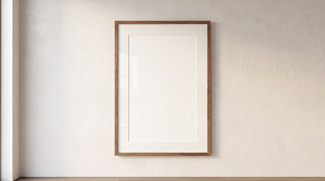 Vertical empty wooden photo frame mockup on a warm beige minimalist wall