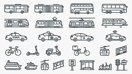 Creative Black and White Line Icons Set of Various Transportation Vehicles and Infrastructure Elements © Silal