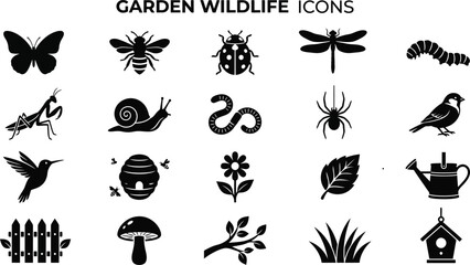 Garden wildlife silhouette icon set, minimalist backyard insects and birds vector design elements on a white background © Asaduzzaman