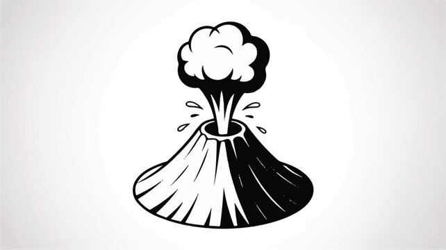 A black and white illustration depicts a volcano erupting with smoke and ash.