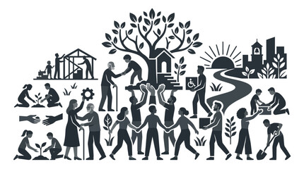 Obraz premium Community growth and teamwork illustration: Diverse people building, planting, and helping
