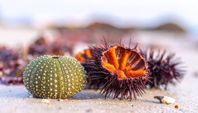 Close-up of Sea Urchins on Sandy Beach Shoreline.