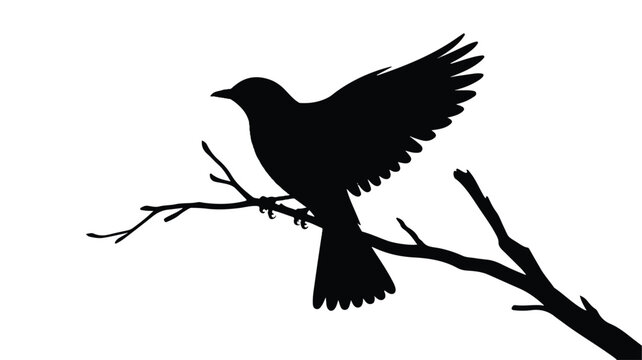 A black silhouette of a bird spreads its wings on a bare tree branch