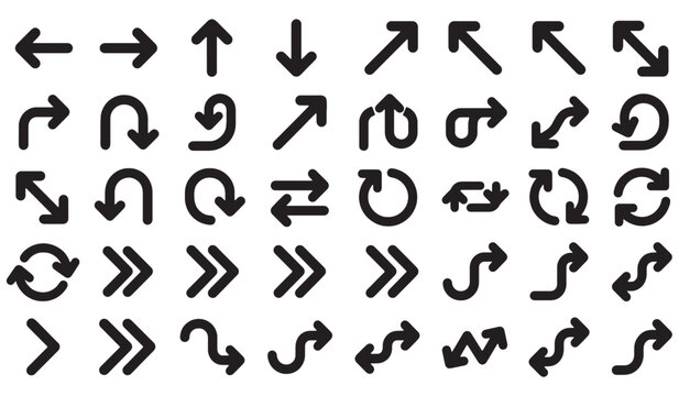 Collection of arrow and curve shapes in black silhouette arrows curves directional pointing bend arc