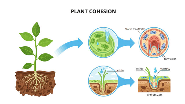 Plant Cohesion Diagram with educational illustration of water transport, xylem, and stomata in a growing plant ideal for biology textbooks and science presentations.
