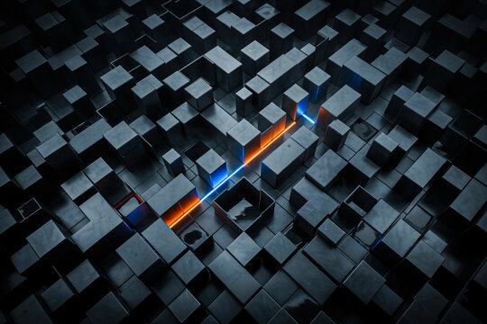 Abstract 3D Geometric Maze with Glowing Blue and Orange Path