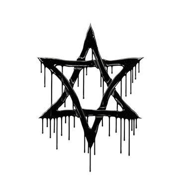 macro photo of the sigil of baphomet inverted pentagram in thick, dripping black graffiti paint, centered on a stark white backdrop, hard lighting. concept of occult iconography and rebellious