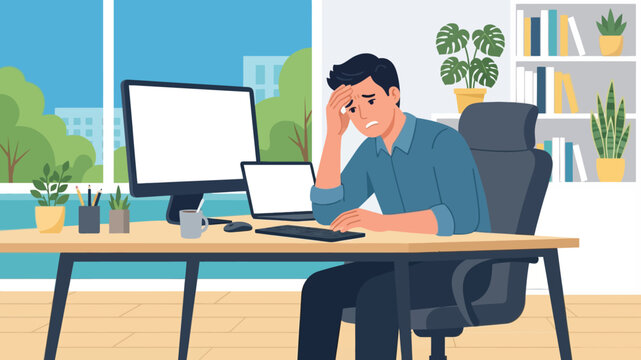 Stressed office worker at a cluttered desk with laptops and monitors in a bright modern office environment.