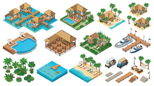 Isometric tropical resort vector set, luxury beach hotel bungalows and exotic island villas, summer vacation travel destination elements