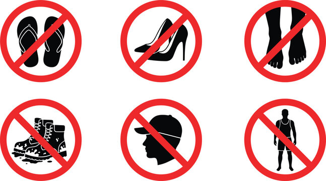Prohibited Footwear and Dress Code Warning Sign Set with Forbidden Symbols for No Sandals High Heels Barefoot Muddy Boots Hats and Casual Clothing