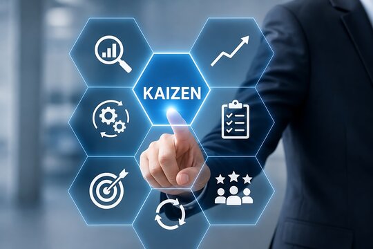 Businessman touching a digital screen with kaizen continuous improvement icons display
