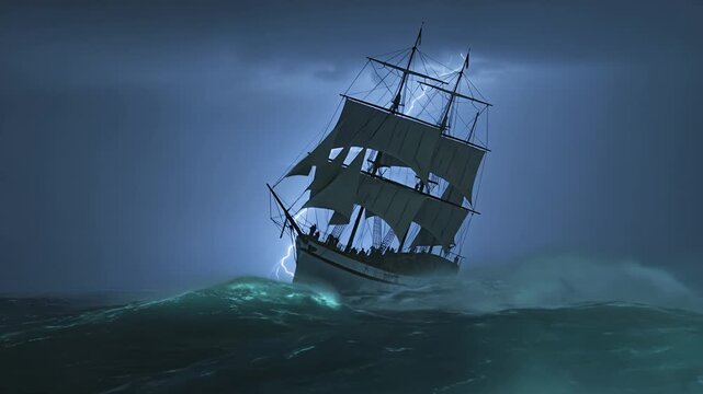 A dramatic storm rages on the high seas, engulfing a historic sailing vessel, reflecting the challenging spirit of exploration often associated with Columbus Day