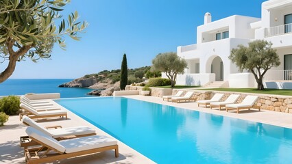 Fototapeta premium Mediterranean Luxury Resort Swimming Pool with White Stone Architecture and Olive Trees