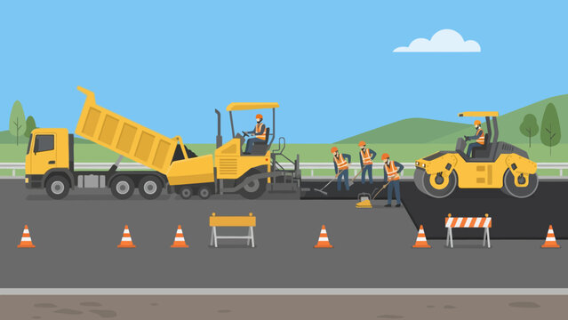 Busy road construction site with heavy machinery, workers, and traffic cones on asphalt road.
