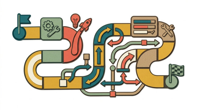 Colorful maze with arrows and symbols representing complex pathways and decision points for problem solving and navigation