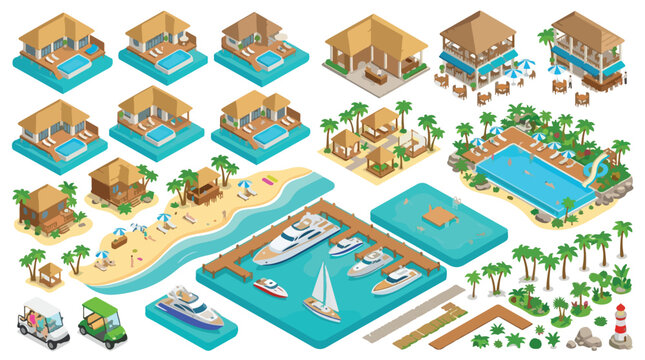Isometric tropical resort collection, luxury beach hotel bungalows and swimming pool, yacht marina and palm trees vector set