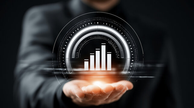 Business professional analyzing customer loyalty metrics on a futuristic digital dashboard. Executive reviewing glowing data charts and performance...