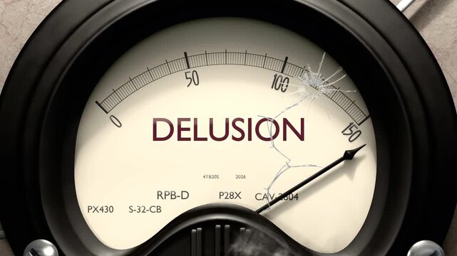 Delusion meter showing big levels of delusion. Dangerously increasing high values of delusion, critical overload. Too much, off the charts. Max delusion
