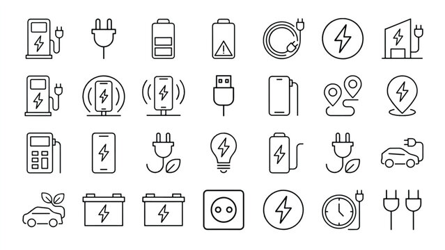 Collection of clean line icons representing various electricity and energy related concepts with transparent backgrounds