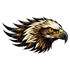 Fototapeta premium Black and gold eagle head detailed feathers, fierce expression, isolated on white background, black eagle head