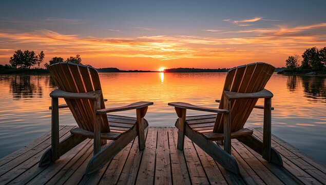 Two Adirondack chairs on a dock facing a vibrant sunset over calm water