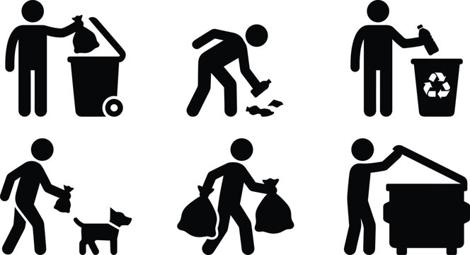 Waste Disposal and Recycling Stick Figure Pictogram Icon Set Featuring People Cleaning Litter Picking Up Pet Waste Carrying Garbage Bags and Using Dumpsters