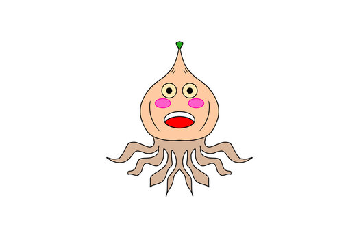 Cute cartoon garlic mascot character with tentacles and funny face expression isolated on white background