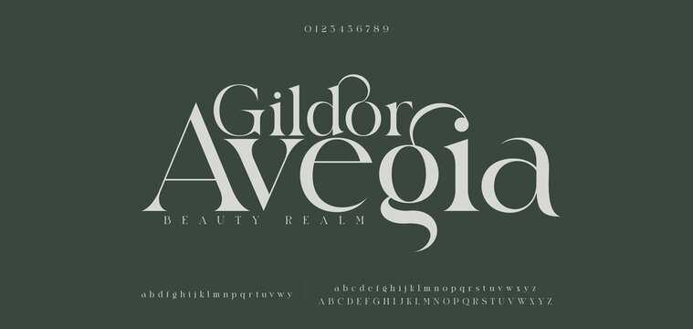 Gildor Avegia Elegant Font Uppercase Lowercase And Number. Classic Lettering Minimal Fashion Designs. Typography modern serif fonts regular decorative vintage concept. vector illustration