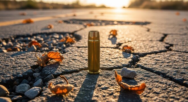 Spent Brass Bullet Casing Glinting on Cracked Autumn Road at Sunset