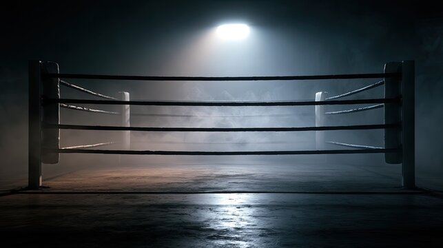 Empty boxing ring under dramatic spotlight, smoke-filled arena
